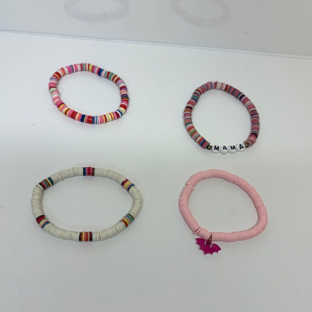 Multicolor Heishi Bead Stretch Bracelet Set 4pc MAMA Lettering & Pink Bat Charm